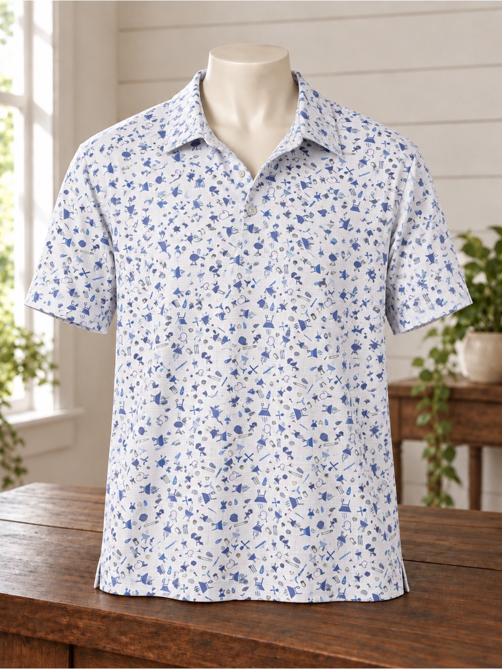 1764 Grill Master Golf Polo Men's Printed Polo Shirt in White & Blue Size Large